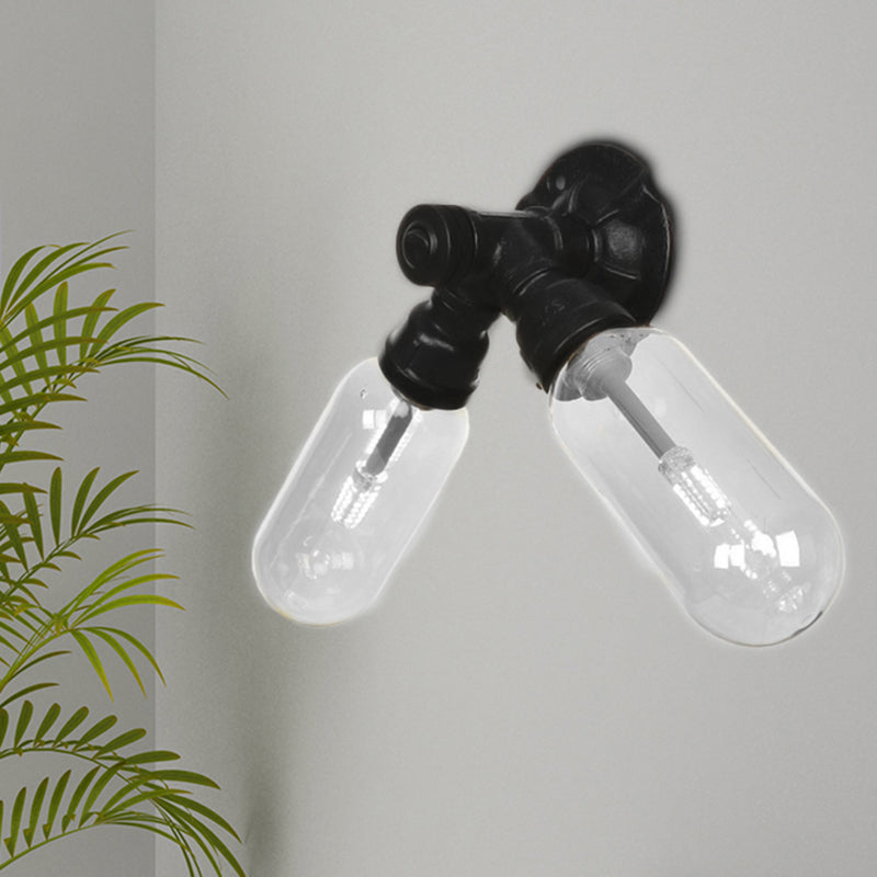Capsule Shade Bedroom Wall Light Fixture Industrial Metal 2 Lights Black Sconce Lamp with Pipe Design