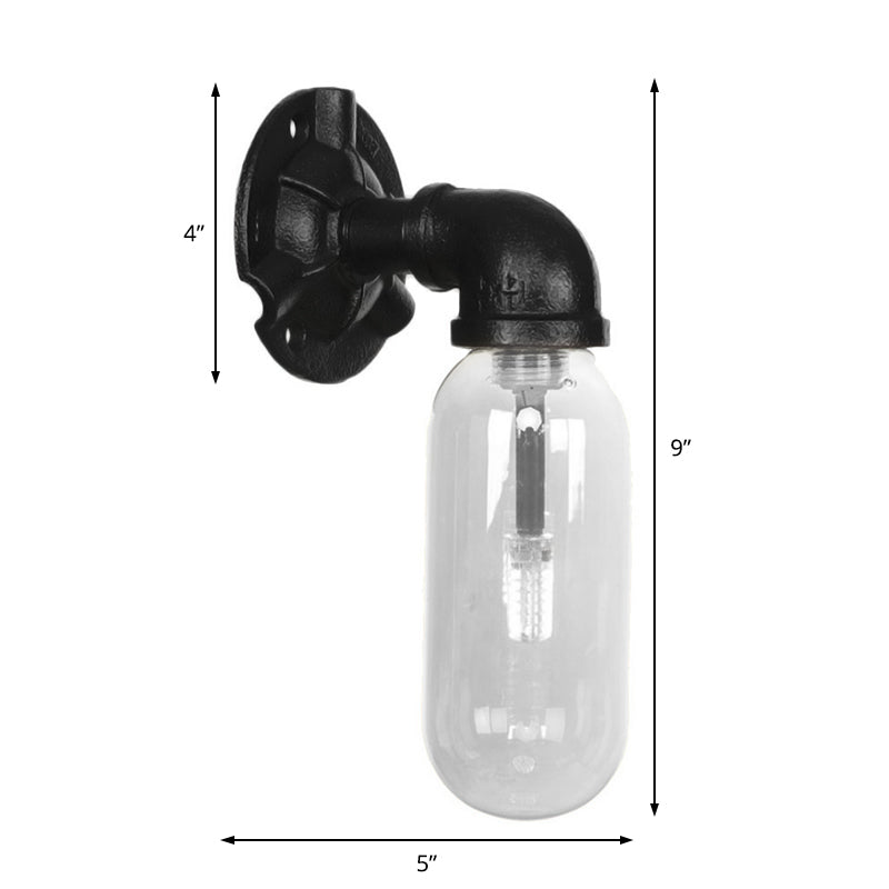 Black Capsule Shade Sconce Light Industrial Clear Glass 1 Light Corridor Wall Mount Lighting with Pipe Design