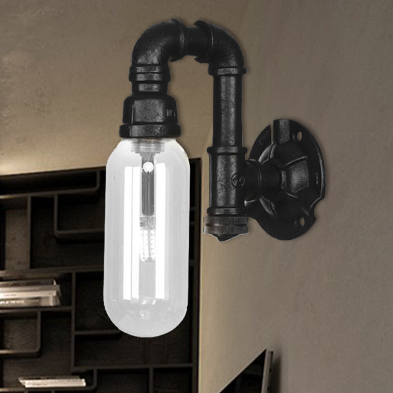 Industrial Capsule Shade Sconce Light Fixture Single Bulb Clear Glass Wall Mounted Pipe Light in Black