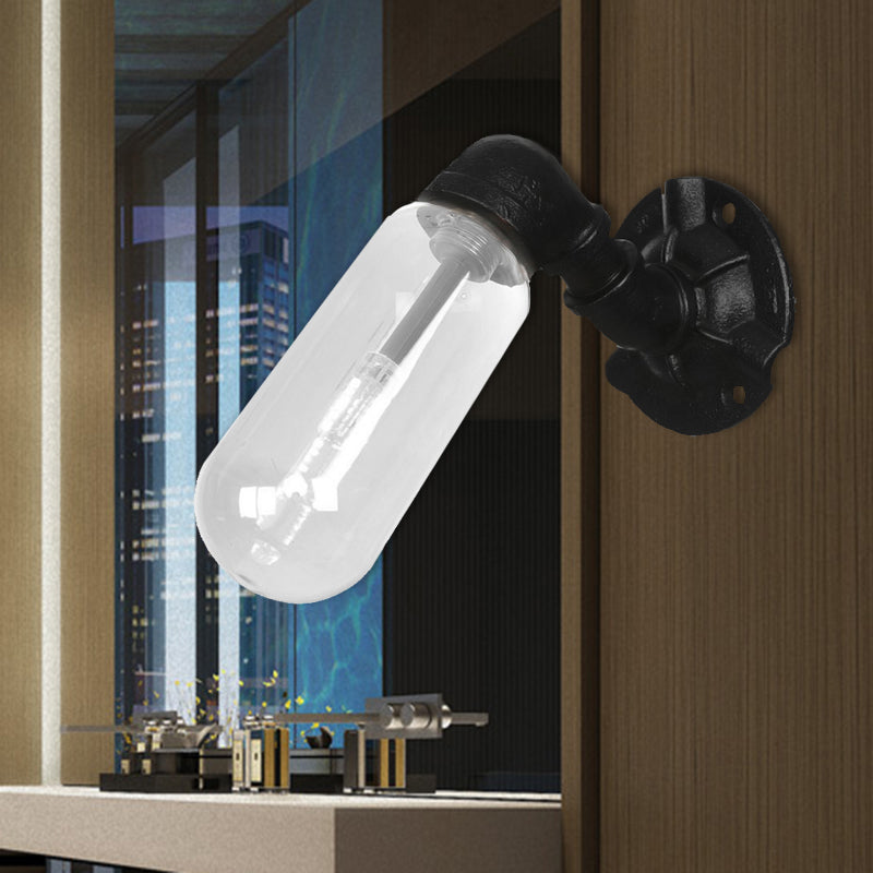 1 Light Wall Lamp Lighting Industrial Capsule Clear Glass Sconce Light Fixture in Black with Pipe Design