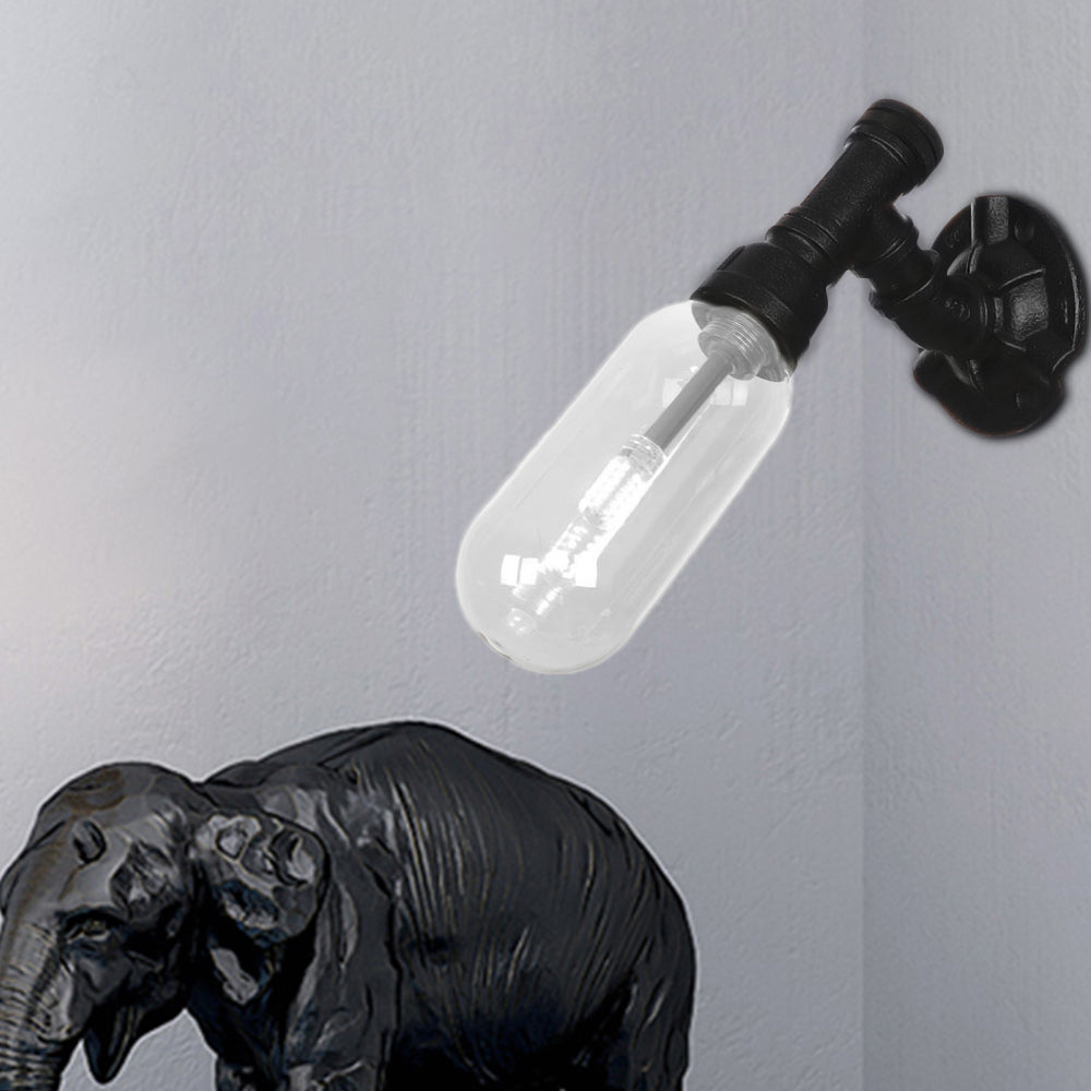 1 Light Wall Lamp Lighting Industrial Capsule Clear Glass Sconce Light Fixture in Black with Pipe Design