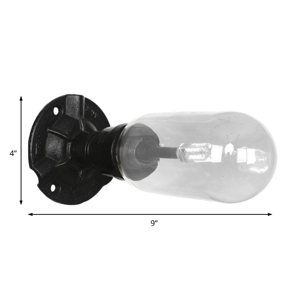 1 Light Wall Lamp Lighting Industrial Capsule Clear Glass Sconce Light Fixture in Black with Pipe Design