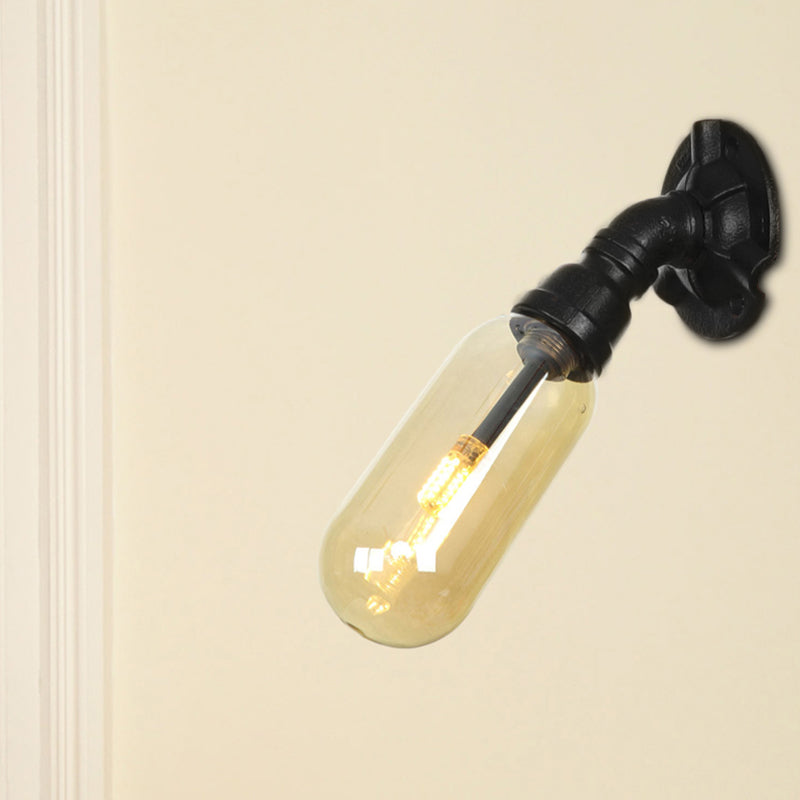 1 Glühbirnenkapsel Lampe Black Industrial Metall und Bernsteinglaswand Montiertes Licht für Innenräume mit Rohr