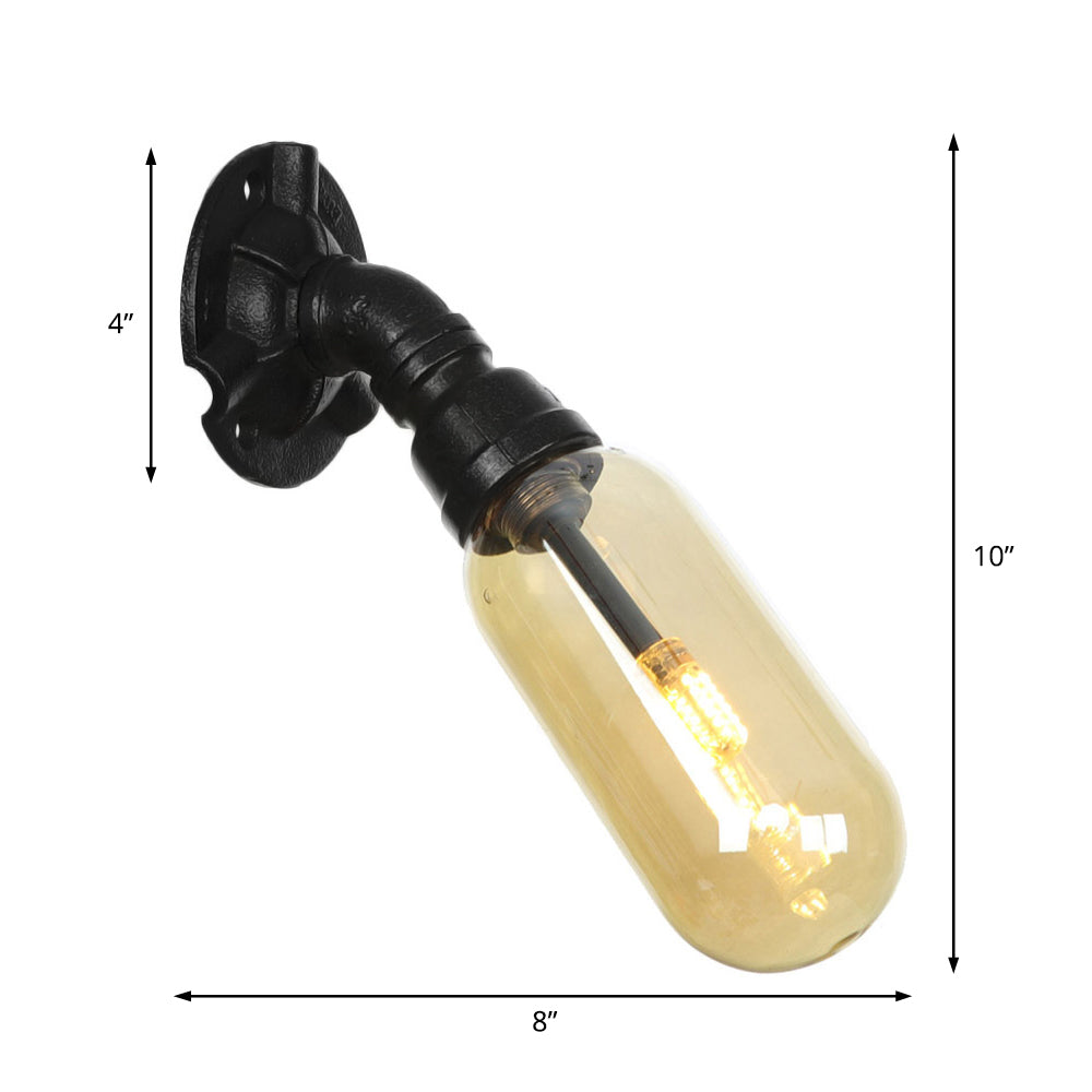 1 Glühbirnenkapsel Lampe Black Industrial Metall und Bernsteinglaswand Montiertes Licht für Innenräume mit Rohr