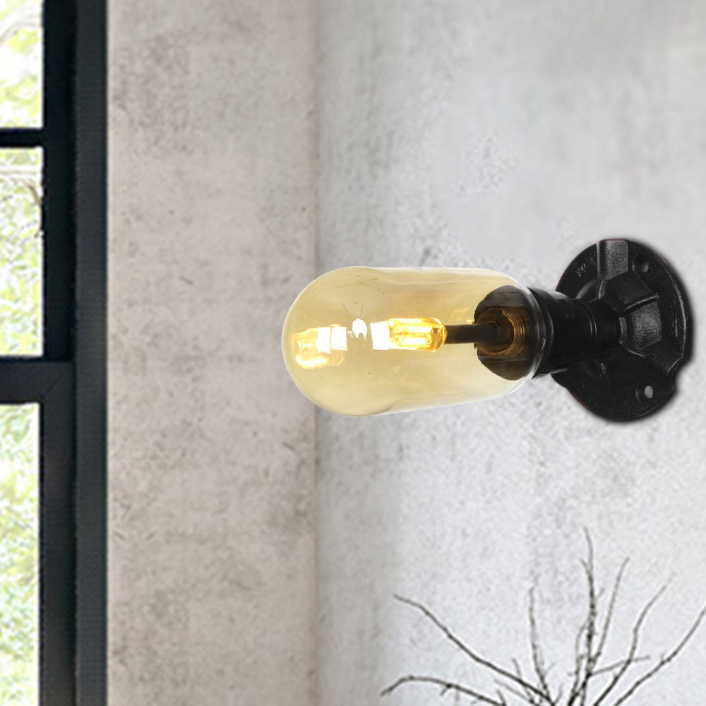 1/2 Bulb Wall Light Capsule Amber Glass Industrial Dining Room Sconce Lighting Fixture in Black with Pipe Design