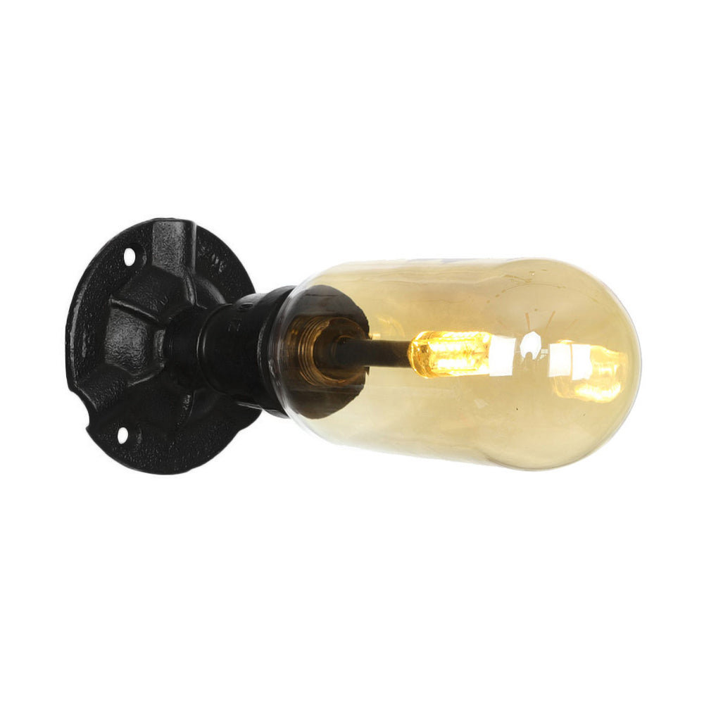 1/2 Bulb Wall Light Capsule Amber Glass Industrial Dining Room Sconce Lighting Fixture in Black with Pipe Design