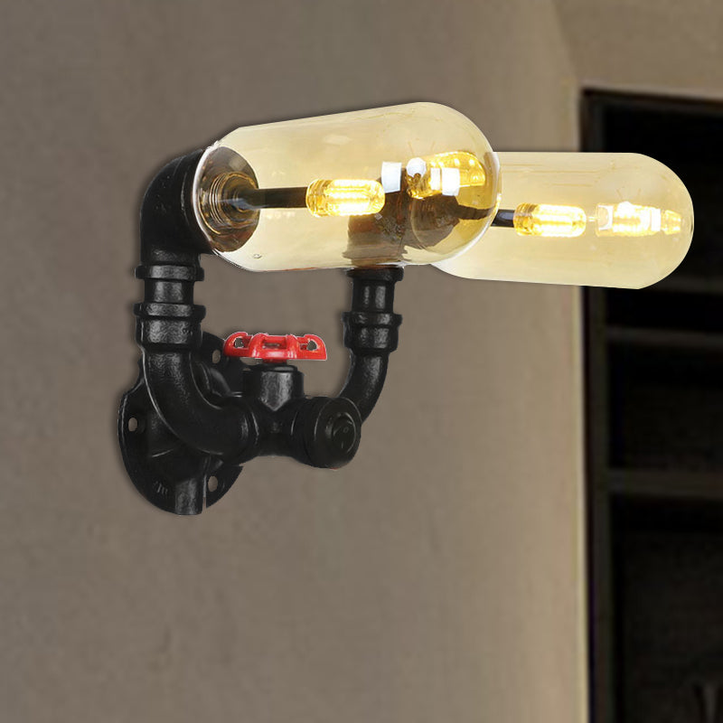 1/2 Bulb Wall Light Capsule Amber Glass Industrial Dining Room Sconce Lighting Fixture in Black with Pipe Design