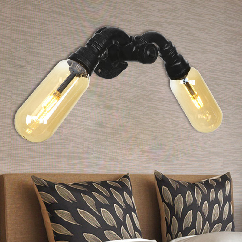 Amber Glass Black Sconce Light Capsule 2 Light Industrial Wall Mounted Pipe Light for Living Room