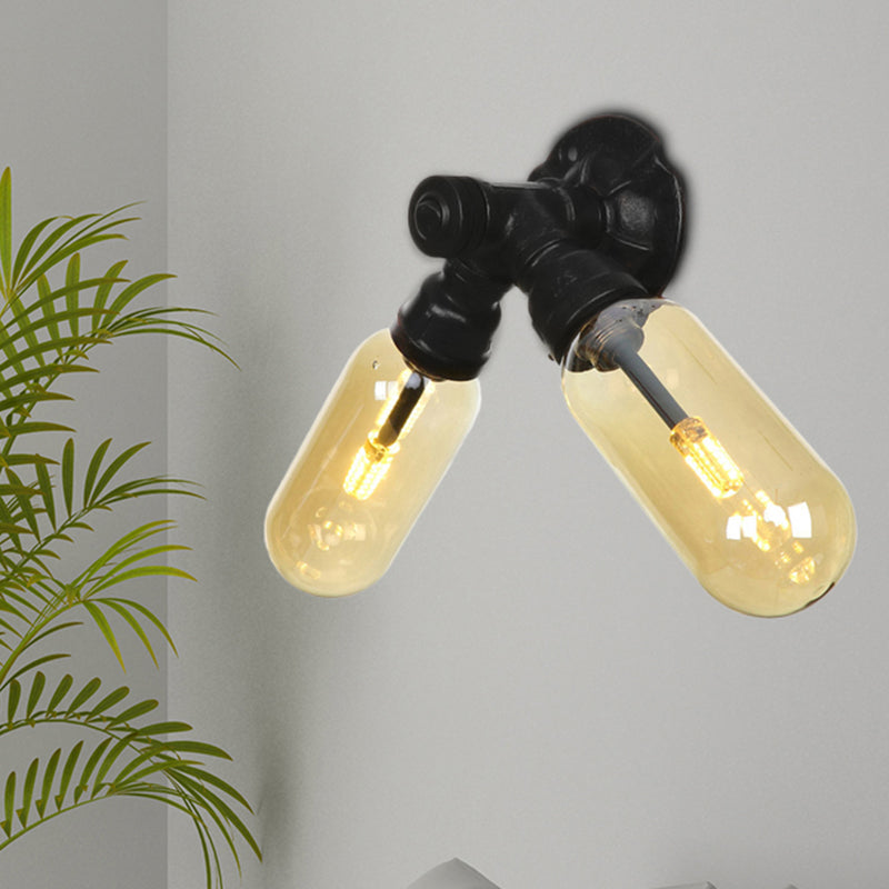Amber Glass Black Sconce Light Capsule 2 Light Industrial Wall Mounted Pipe Light for Living Room