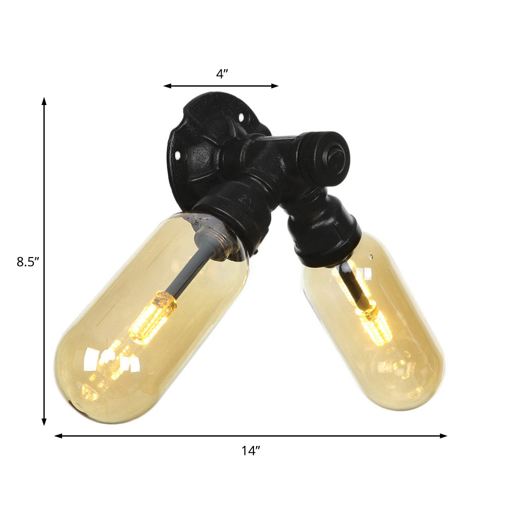Amber Glass Black Sconce Light Capsule 2 Light Industrial Wall Mounted Pipe Light for Living Room