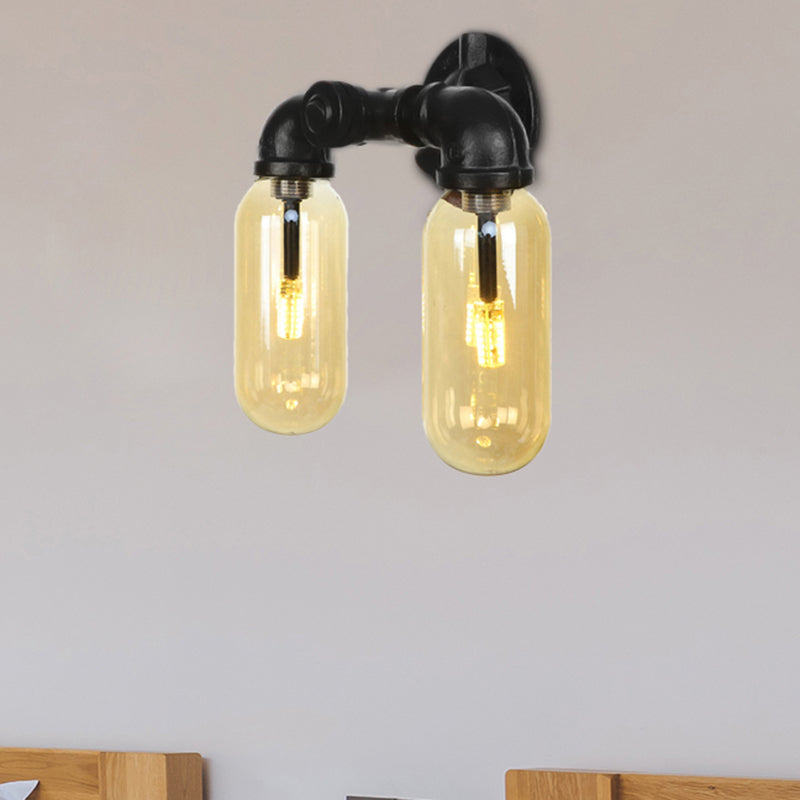 Amber Glass Black Sconce Light Capsule 2 Light Industrial Wall Mounted Pipe Light for Living Room