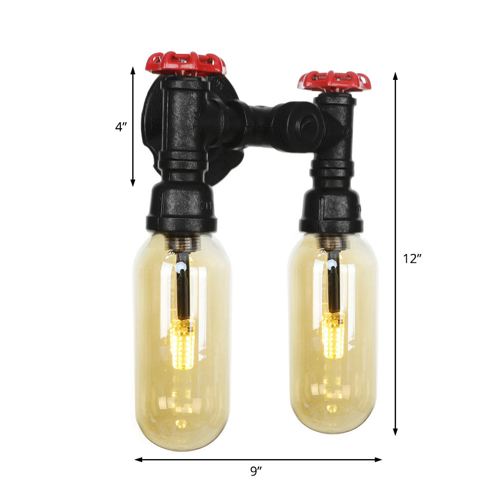 Capsule Living Room Wall Light Fixture Industrial Amber Glass 2/4 Light Black Sconce Lamp with Pipe Design