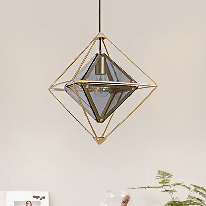 Moderne 1 leichte Anhänger Licht mit bernsteinfarbenem/rauchgrauem Glasschatten Polygon Deckenlampe mit schwarzem/goldenem Rahmen