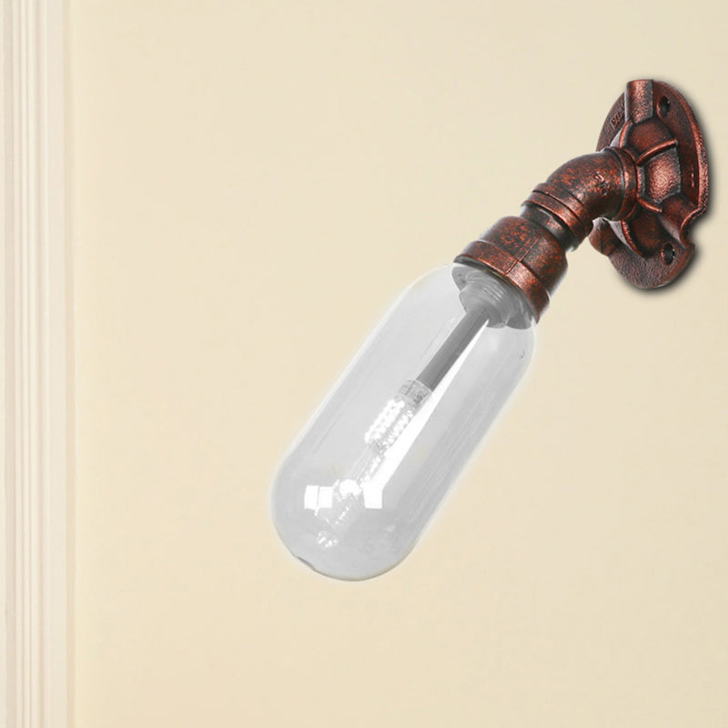 1 Bulb Wall Light Capsule Clear Glass Loft Dining Room Sconce Lighting Fixture in Weathered Copper with Pipe Design