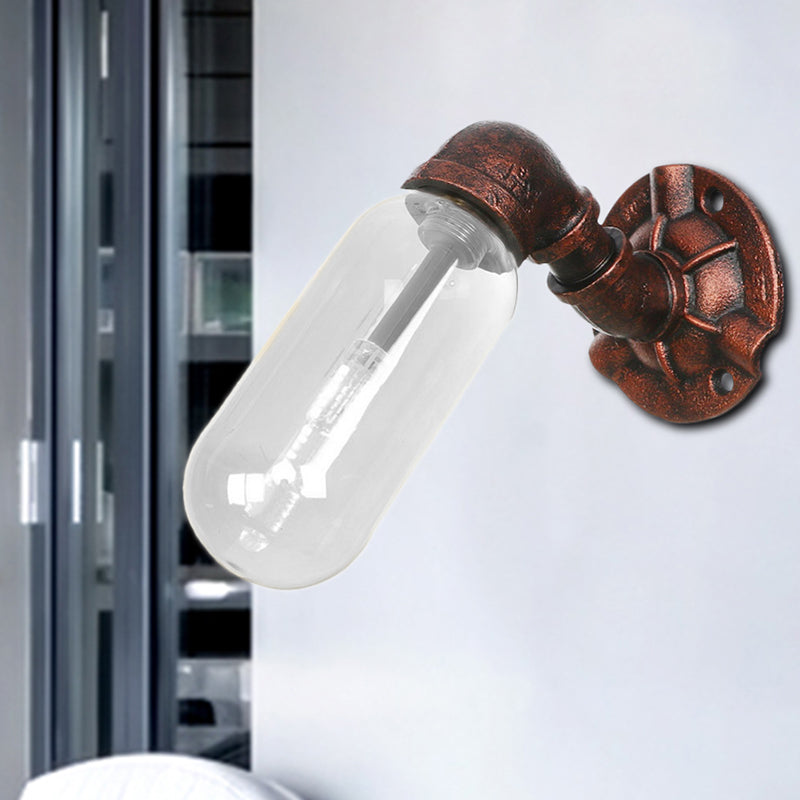 1 Bulb Wall Light Capsule Clear Glass Loft Dining Room Sconce Lighting Fixture in Weathered Copper with Pipe Design