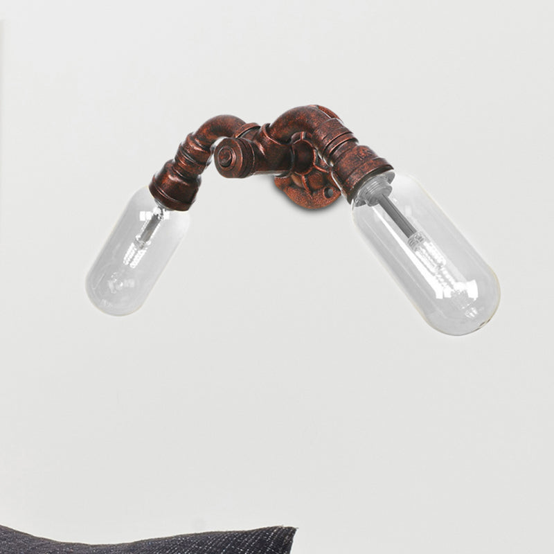 Weathered Copper 2-Light Sconce Light Industrial Clear Glass Oval Wall Lighting Fixture with Pipe Design