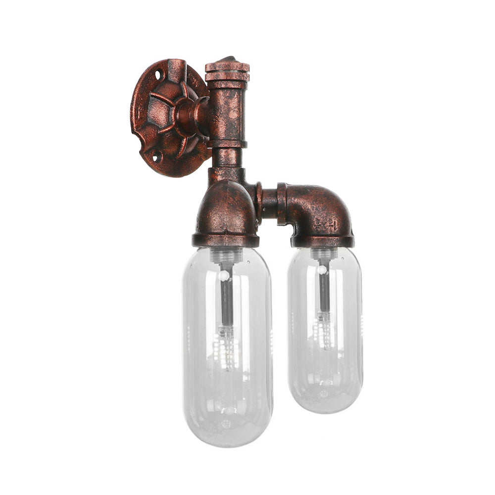 Clear Glass Capsule Sconce Lighting Industrial 2/4 Lights Bedroom Wall Mounted Pipe Light in Weathered Copper