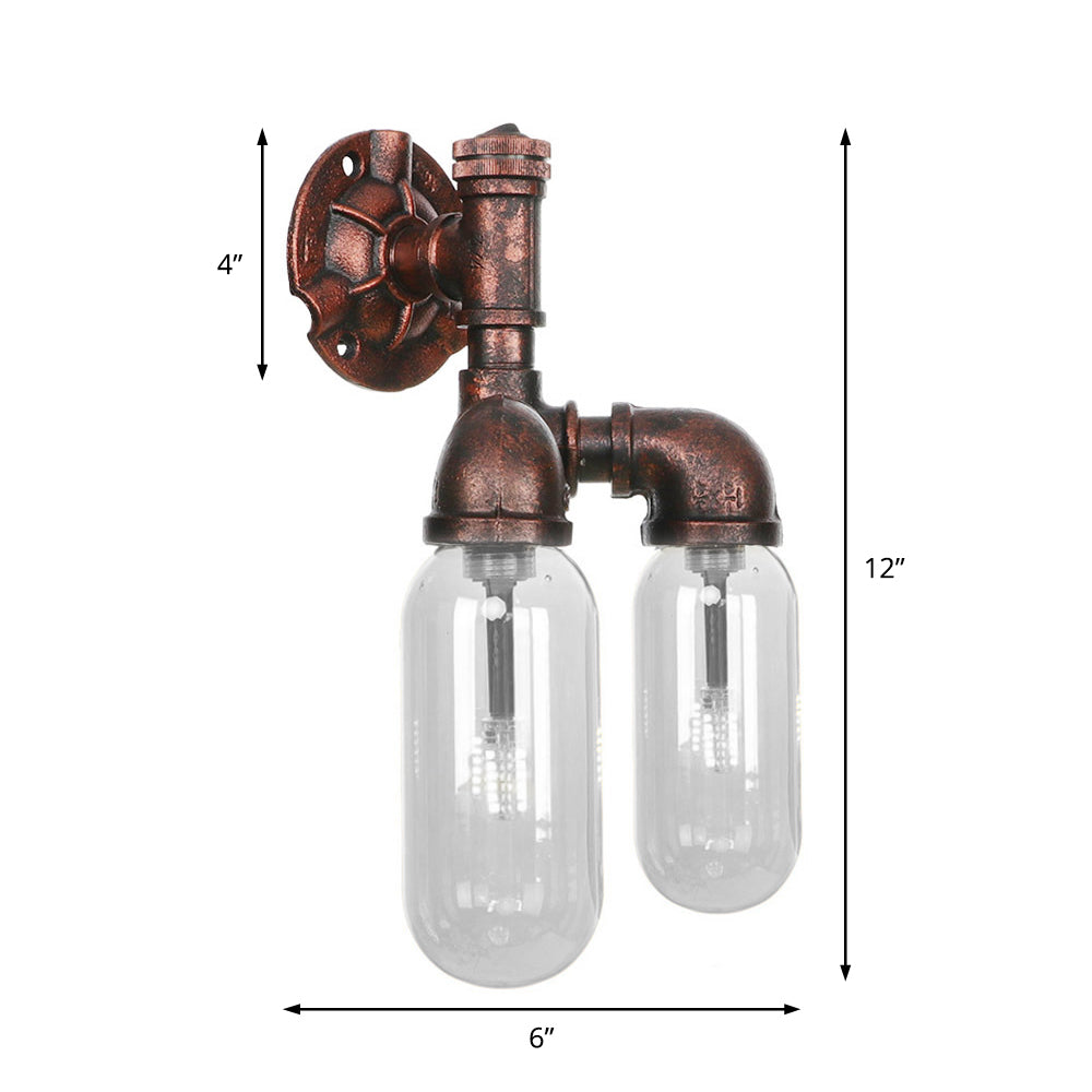 Clear Glass Capsule Sconce Lighting Industrial 2/4 Lights Bedroom Wall Mounted Pipe Light in Weathered Copper
