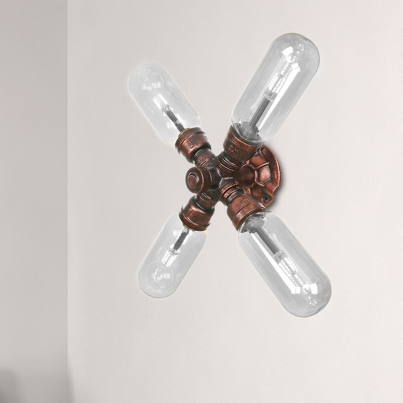 Clear Glass Capsule Sconce Lighting Industrial 2/4 Lights Bedroom Wall Mounted Pipe Light in Weathered Copper