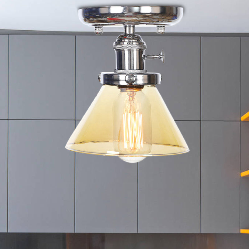 1 Bulb Semi Flush Mount Cone/Bell/Rhombus Industrial Clear/Amber Glass Ceiling Light in Chrome