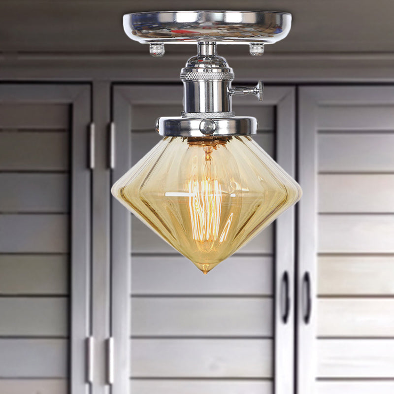 1 Bulb Semi Flush Mount Cone/Bell/Rhombus Industrial Clear/Amber Glass Ceiling Light in Chrome