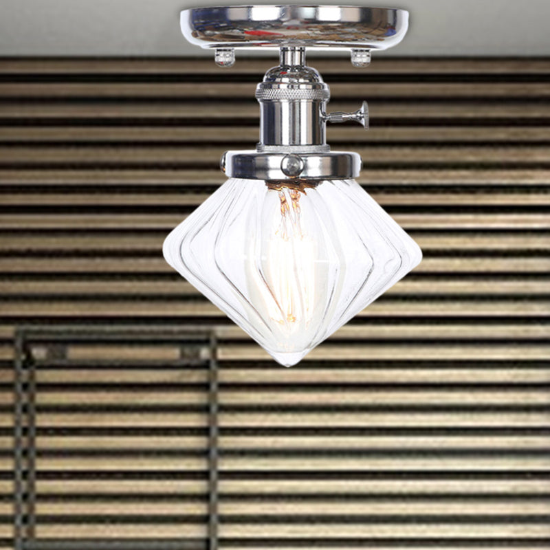 1 Bulb Semi Flush Mount Cone/Bell/Rhombus Industrial Clear/Amber Glass Ceiling Light in Chrome