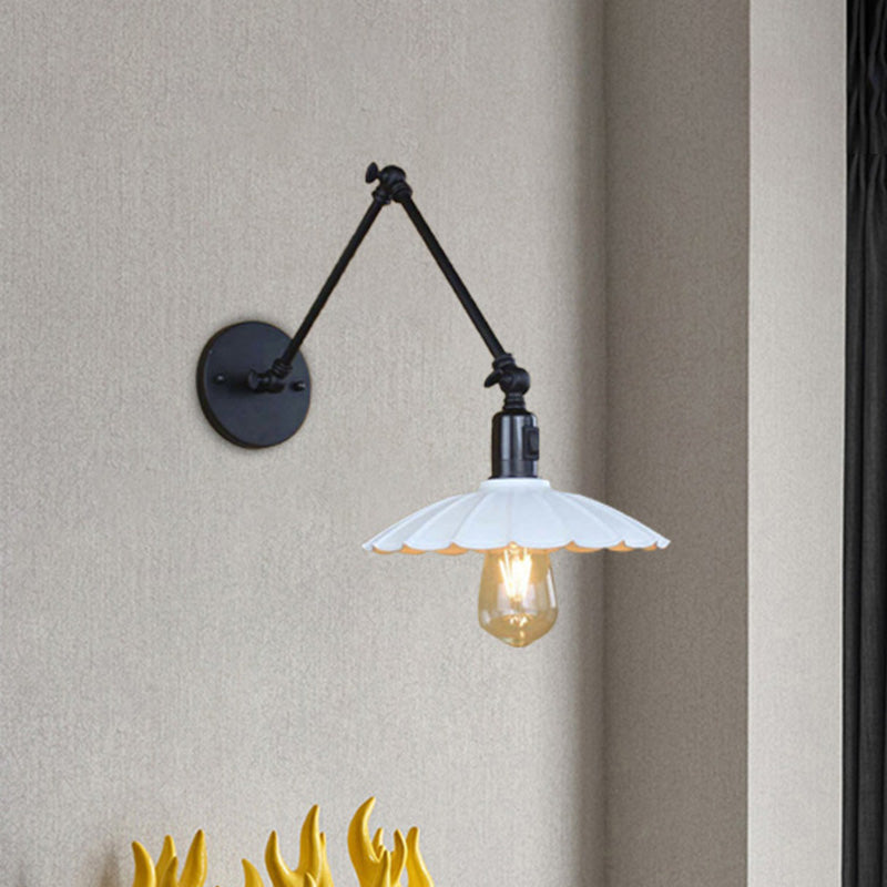 Black/White Scalloped Wall Light with Swing Arm Vintage Stylish Metal 1 Bulb Living Room Wall Sconce Lighting