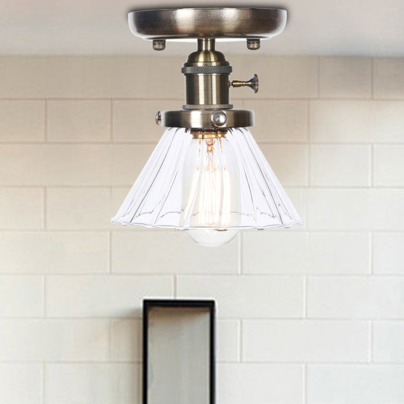 1 Light Ceiling Lighting Industrial Cone/Bell/Rhombus Clear/Amber Glass Semi Flush Mount Light in Bronze