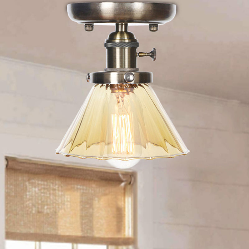1 Light Ceiling Lighting Industrial Cone/Bell/Rhombus Clear/Amber Glass Semi Flush Mount Light in Bronze