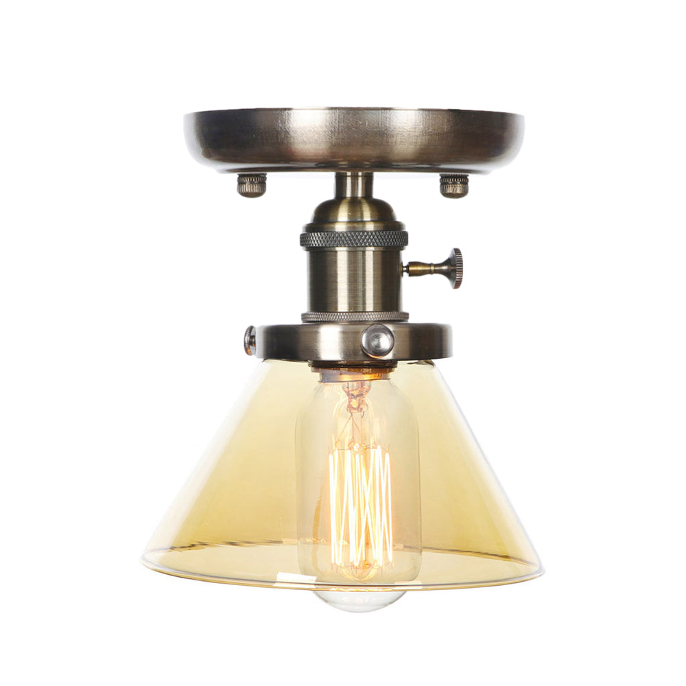 1 Light Ceiling Lighting Industrial Cone/Bell/Rhombus Clear/Amber Glass Semi Flush Mount Light in Bronze
