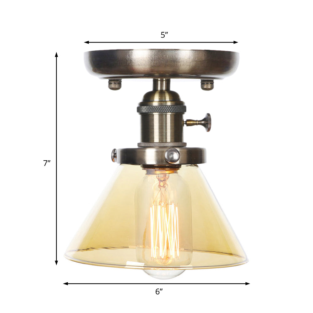 1 Light Ceiling Lighting Industrial Cone/Bell/Rhombus Clear/Amber Glass Semi Flush Mount Light in Bronze