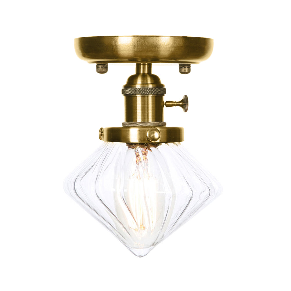 1 Light Clear/Amber Glass Ceiling Lighting Industrial Brass Cone/Rhombus/Bell Dining Room Semi Flush Mount