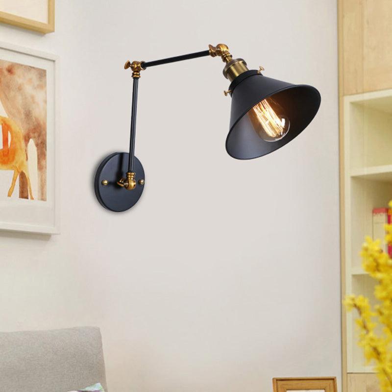 Conic Study Room Wall Sconce Industrial Metallic 1 Bulb Black/Brass Wall Lamp with Swing Arm