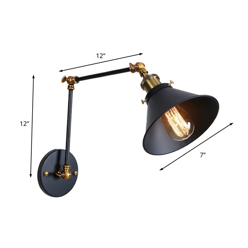 Conic Study Room Wall Sconce Industrial Metallic 1 Bulb Black/Brass Wall Lamp with Swing Arm