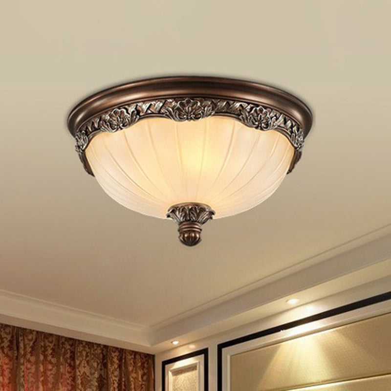 Fluted Glass Brown Flush Mount Bowl Traditional Flushmount Ceiling Light for Bedroom