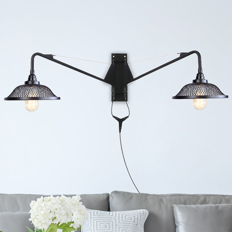 2 Light Metal Mesh Wall Lighting Industrial Black Dome Living Room Sconce Light Fixture
