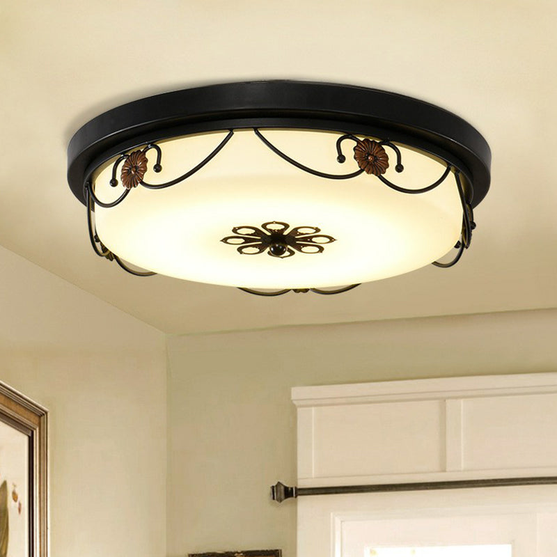 Drum Shaped Opal Glass LED Flush Ceiling Light Vintage Bedroom Flush Mount Lighting Fixture with Floral Decor in Black