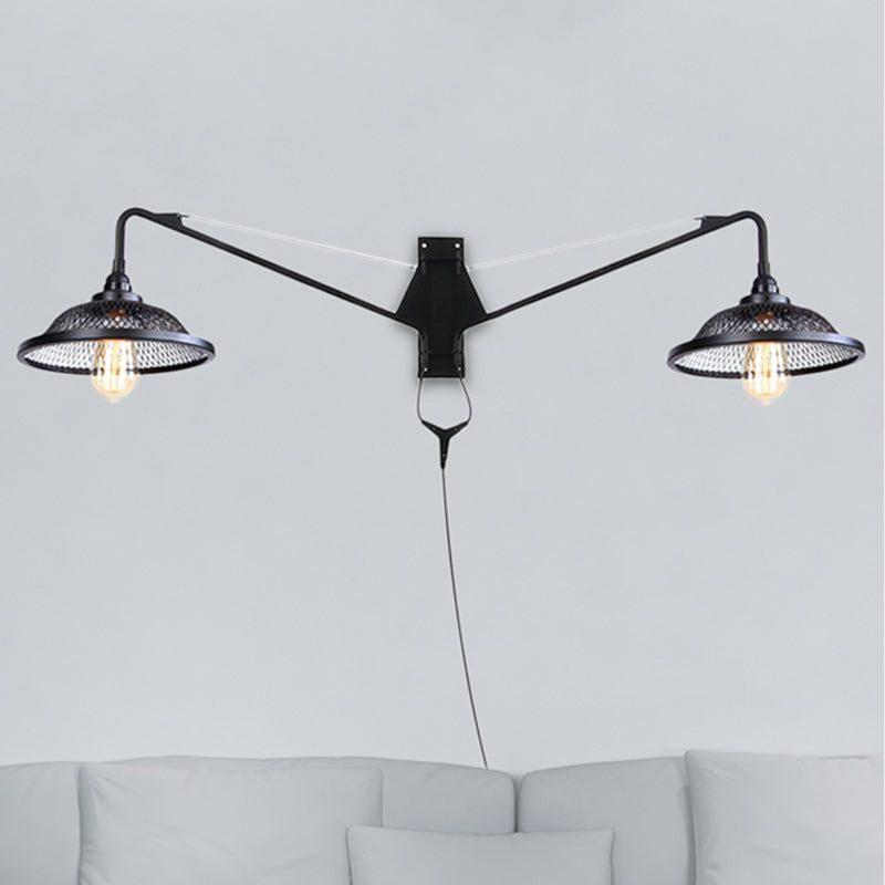 2 Light Metal Mesh Wall Lighting Industrial Black Dome Living Room Sconce Light Fixture