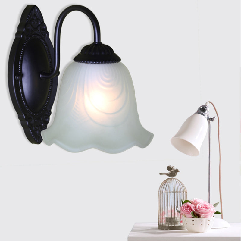 Single-Bulb Wall Light Vintage Bell Frost Glass Wall Light Fixture in Black for Corridor