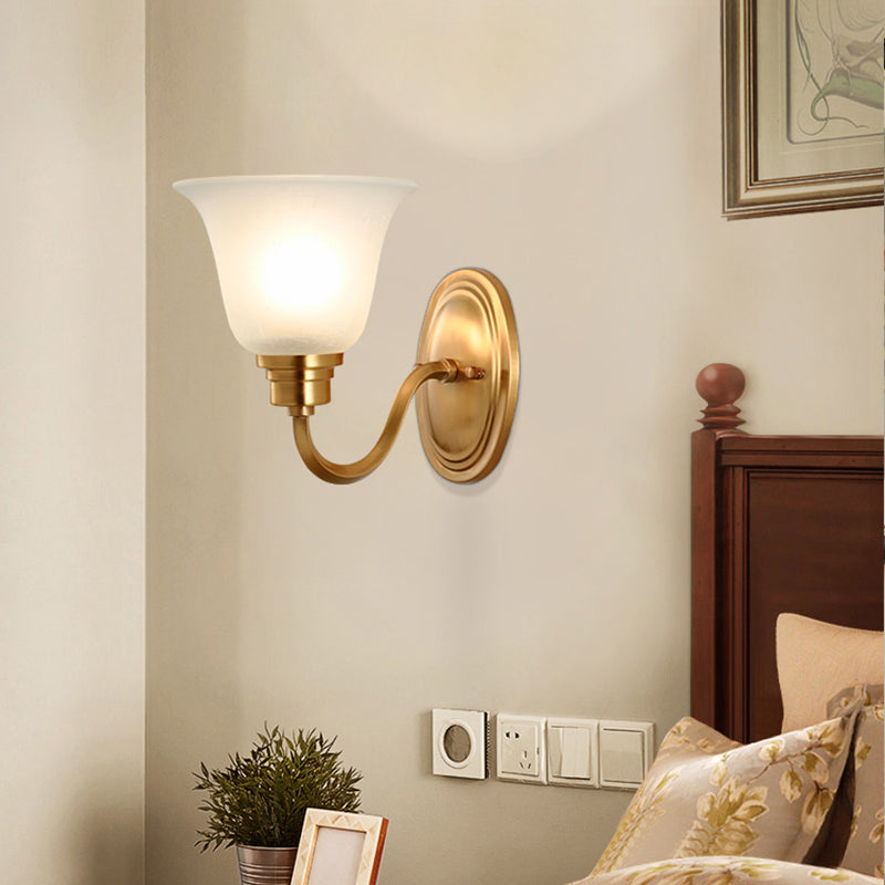 1 Head Frost Glass Wall Lighting Vintage Gold Flared Shape Bedside Wall Mounted Light Fixture