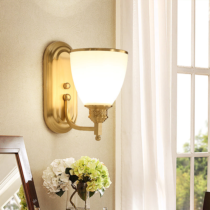 Single-Bulb Wall Light Fixture Vintage Bell Opal Frost Glass Wall Mounted Lamp in Gold