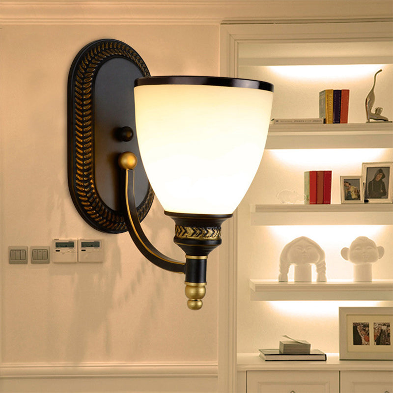 Black Bell Shaped Wall Lamp Rustic White Frost Glass Living Room Wall Light Fixture