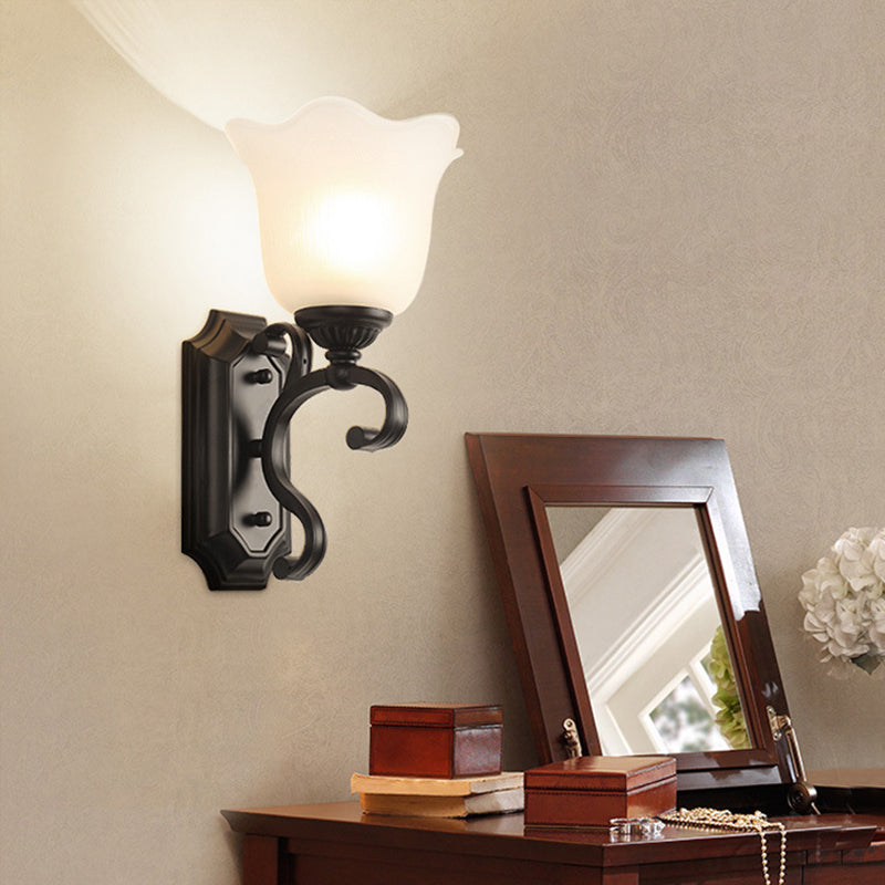 Frost Glass Black Wall Light Fixture Flower Shaped Vintage Wall Mounted Lamp for Bedroom