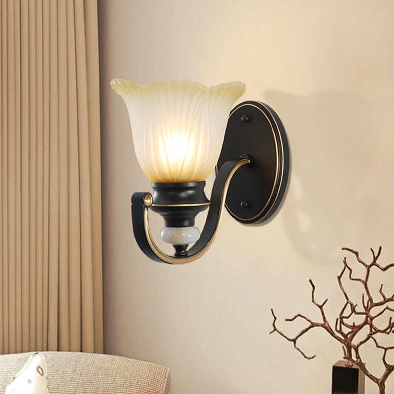 Retro Ruffled Wall Mount Light Single-Bulb Ribbed Glass Wall Lighting in Coffee for Living Room