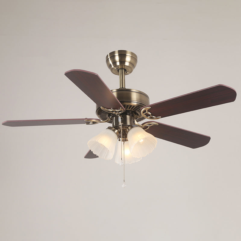 5-Blade Brass Floral Shade Hanging Fan Lamp Classic Frost Glass 3 Bulbs Living Room Semi Flush Light, 42.5" W