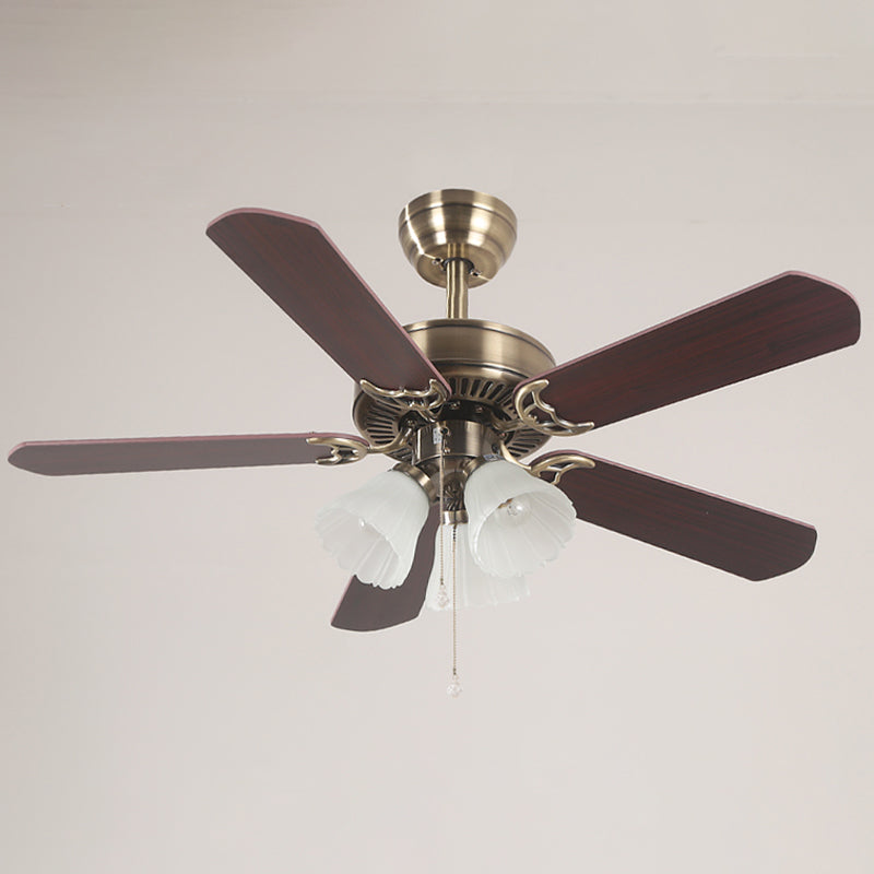 5-Blade Brass Floral Shade Hanging Fan Lamp Classic Frost Glass 3 Bulbs Living Room Semi Flush Light, 42.5" W