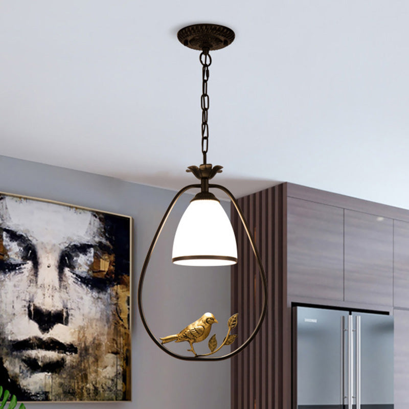 Cream Glass Bell Suspension Light Cottage Single Dining Room Pendant Ceiling Light with Bird Decor in Black