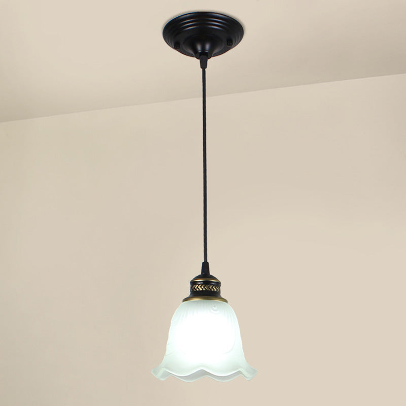 Opal Glass Bell Shade Hanging Light Rustic Dining Room Pendant Light with Scalloped Trim in Black