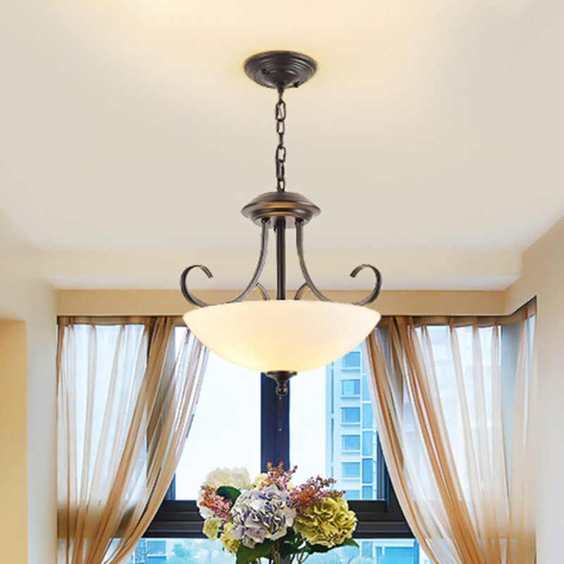 Iron Swirled Arm Ceiling Light Retro 3 Heads Dining Room Chandelier Light with Bowl White Glass Shade in Black