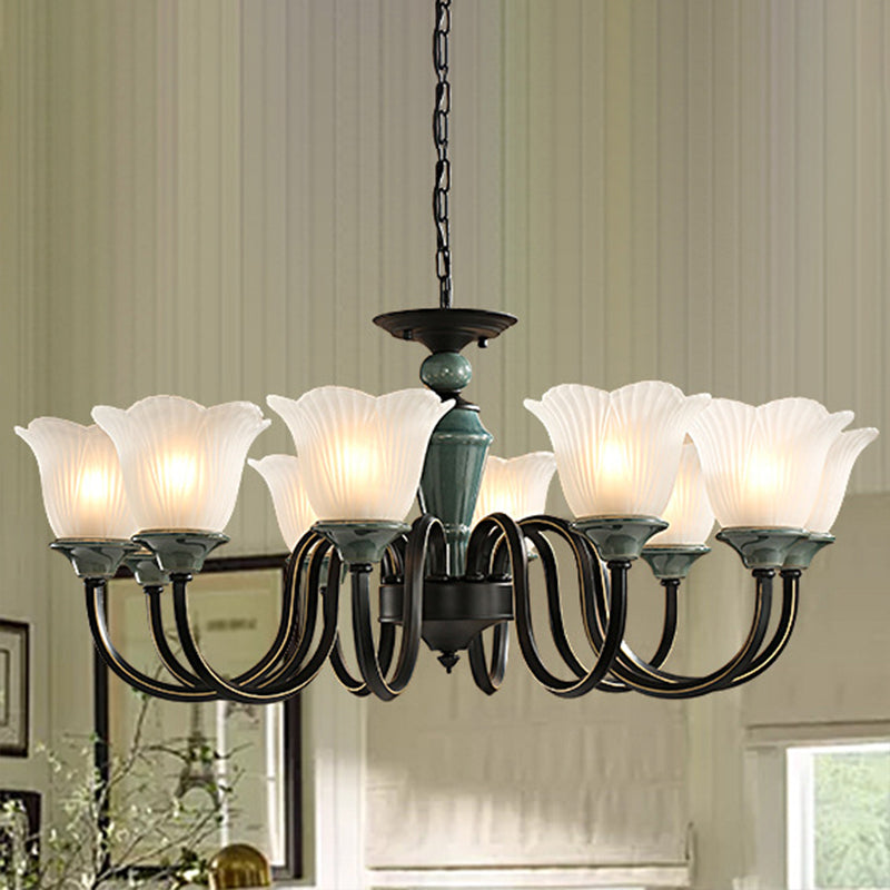 Blackish Green Floral Suspension Light Rustic Frosted Glass Living Room Chandelier Light with Curved Arm
